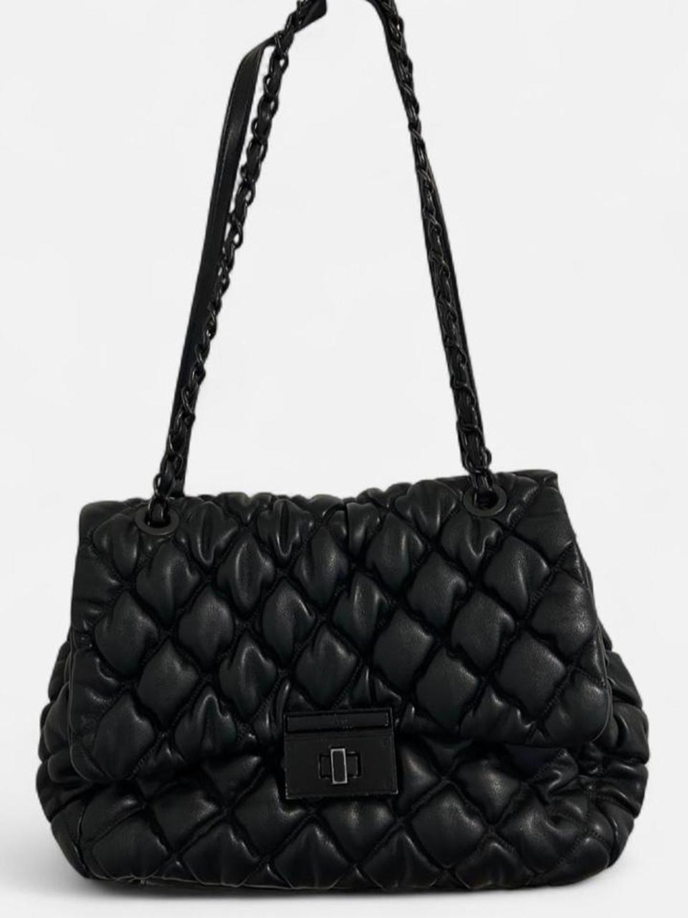 ALDO Black Leather Puffy Quilted Handbag W/ Metal Chain Straps